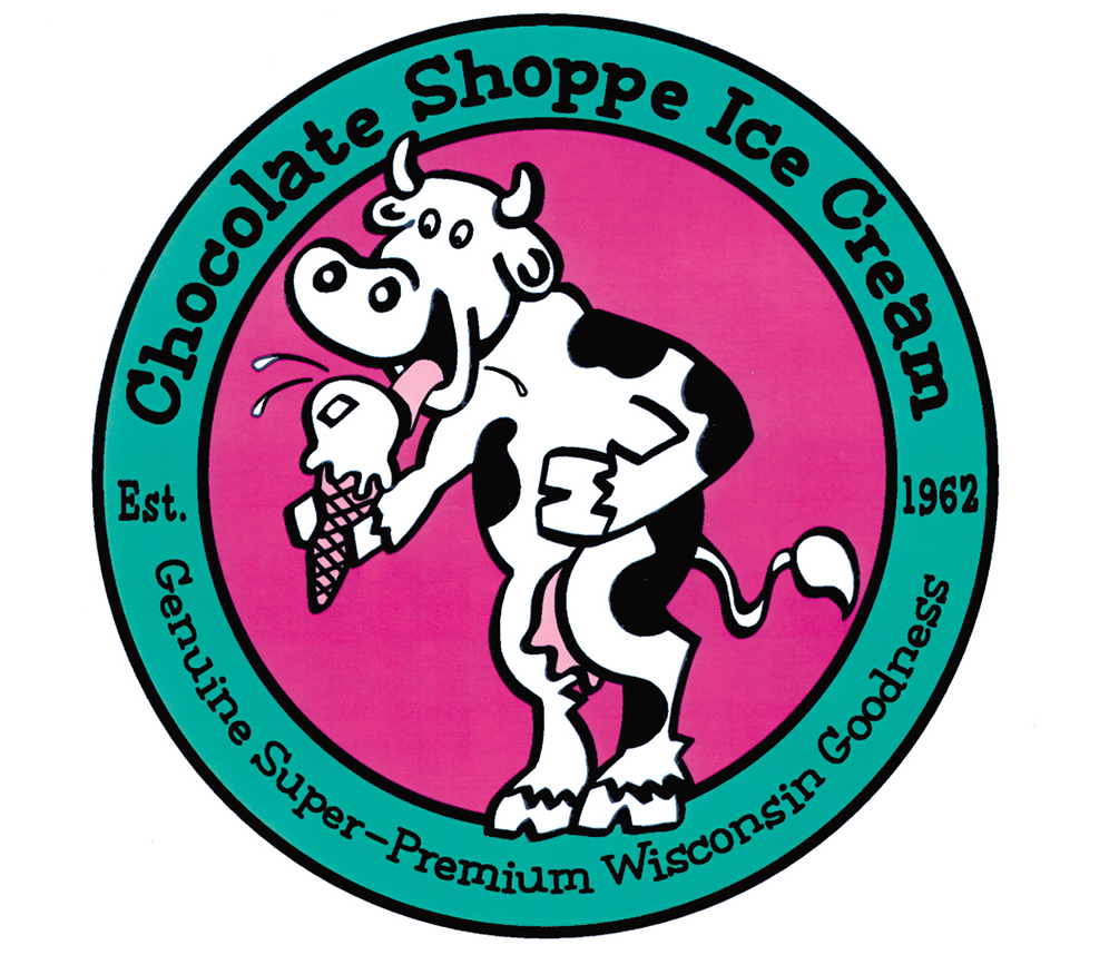 The Chocolate Shoppe logo: A cartoon cow eating an ice cream cone.