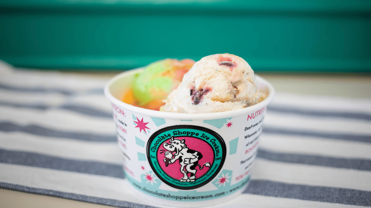 2 scoops of ice cream served in a Chocolate Shoppe bowl.